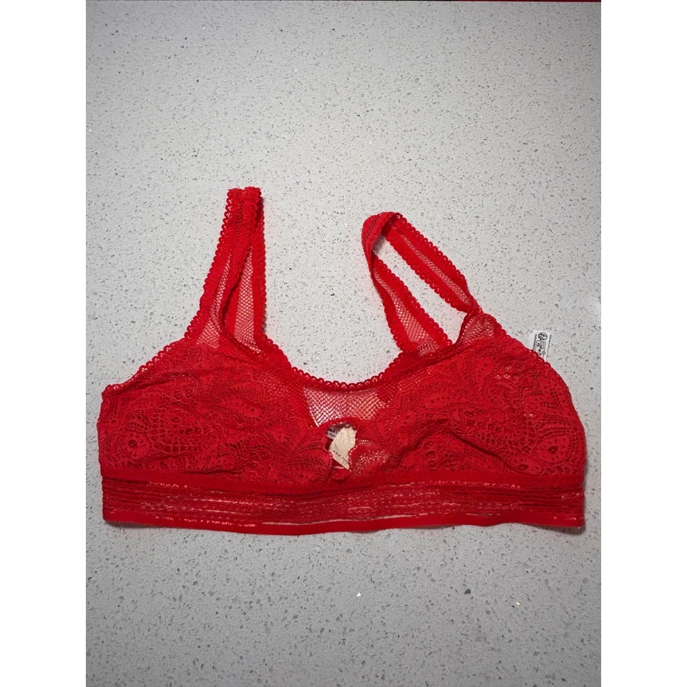 Free People Adella Bralette Poppy Red Floral Lace Mesh Boho V-Neck Large NEW